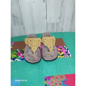 Therafit Floral Women's Adjustable Yellow Leather Sandals Size 6.5-7